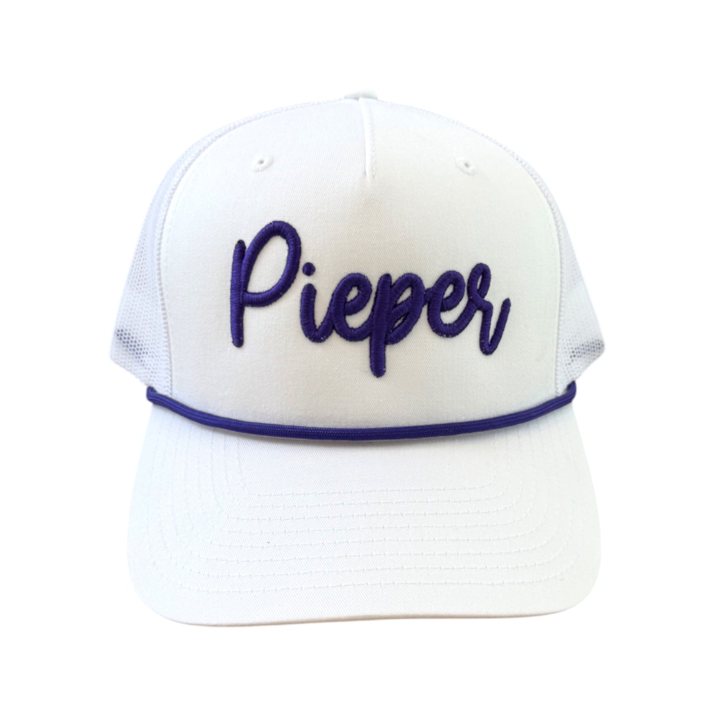 White Classic Pieper Cap w/Purple Rope
