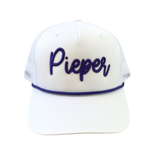 White Classic Pieper Cap w/Purple Rope